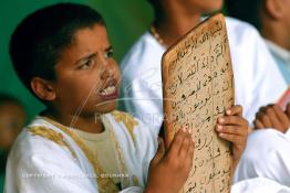 Image du Maroc Professionnelle de  Sous une tente on découvre la méthode traditionnelle de l’enseignement et l’apprentissage du saint coran prodigués aux enfants. Les jeunes récitent les sourates devant le Fkih (instituteur) qui écoute attentivement les versets ainsi récités, Samedi 18 septembre 2006, aux environ de Tan Tan dans un site désertique sur lequel la ville, a toujours accueilli la majorité des tribus et des grandes familles nomades du désert lors d'un grand Moussem, danses chants, course de chameaux et fantasia font partie des festivités. (Photo / Abdeljalil Bounhar)

 